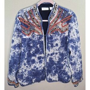 Chico's Size 3 Embroidered Beaded Jacket Blue Tie Dye Boho Open Front Cotton